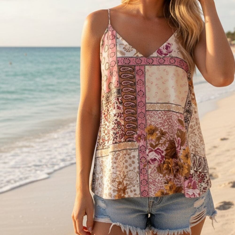 Maurices Patchwork Crepe Cami Womens Large Mixed Floral Paisley V Neck Tank Top